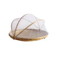 Handmade Bamboo Woven Fruit Vegetable Basket with Mosquito Bug Proof Net Round Dustproof Wicker Picnic Tray Food Bread 50LB