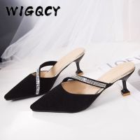 ✗✔₪ Rhinestone High Heels Pointed Mules New Summer Shoes Woman Fashion Riband Thin Heels Slippers Elegant Slip-On Sweet Party Shoes