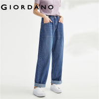 GIORDANO ผู้หญิง ผ้าฝ้ายเดนิมทรงหลวมตรงเอวกึ่งยางยืดพ่อกางเกง Free Shipping 18413030