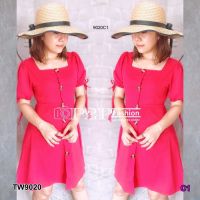 Chompoo Fashions  ชุดเดรส DRESS เดรสคอเหลี่ยมกระดุมหน้า สีแดง