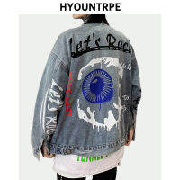 Mens Graffiti Letter Denim แจ็คเก็ตแฟชั่น Turn Down Collar เสื้อแขนยาว Outerwear Hip Hop Casual Streetwear กางเกงยีนส์ Jackets