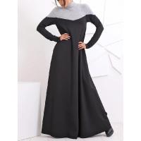 Urban Solid Color Collage Polyester Muslim Womens Knitted Contrast Sweater Dress