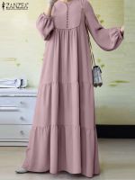 ZANZEA Gaun Muslim, Gaun Mode มุสลิม Lengun Panjang Leher V Jubah มุสลิมกึ่งมุสลิมที่เป็นของแข็งฮิญาบ Pesta Dubai Sundress Maxi