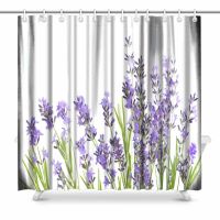Lavender Flower Isolated on White Background Polyester Fabric Waterproof Bathroom Shower Curtain Mat Set