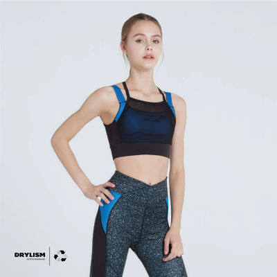 UNBOUND FAST TRACK SPORTBRA สปอร์ตบลา ชุดออกกำลังกาย ดีเทลด้านนอกผ้าตาข่ายสีดำ สายสีน้ำเงิน พิมพ์โลโก้ด้านหลัง ผ้ารีไชเคิลจากขวดพลาสติก