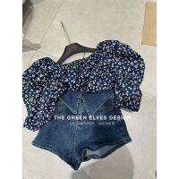 Korean version of sweet bubble sleeve broken flower shirt + denim shorts summer two-piece set