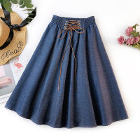 PEONFLY Autumn Winter Fashion Women Skirt Solid Color Lace-up High Waist Denim Skirt Retro Pleated Midi Denim Flared Skirts