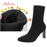 Aphixta Metal Blade Heels Socks Boots Women Stretch Fabric Elastic Stilettos Heel Pointed Toe Ankle Boots Shoes Woman Boats