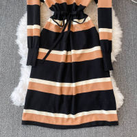 Korejepo Striped Knitted Dress Stand Collar Autumn Winter 2021 New Drawstring Lace Up Waist Slim Age Reduction Sweater Dresses