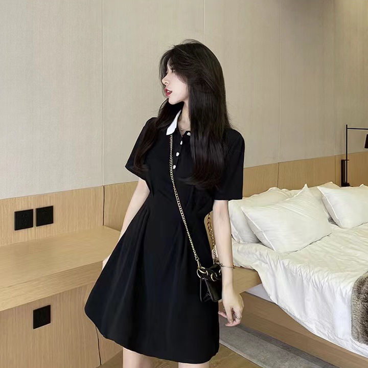 dressเดรสคอปกสีแต่งกระดุมติดด้านหน้าสไตล์เกาหลี-ชุดกระโปรงสุภาพสตรีเอวสูง-กระโปรงทรงบานแขนสั้นราคาโรงงานพร้อมส่ง