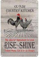 Lupeishop Country Kitchen Rise &amp; Shine Rooster ป้ายดีบุก Vintage ป้ายโลหะ Farmhouse Home Wall Decor ป้าย8X12นิ้ว New