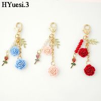 Sweet 3D Rose Camellia Keychain Multicolor Flower Keyring With Pearl Tassel Metal Leaf Women Earphone Case Handbag Accessories