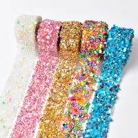 3.5Cm Wide Gravel Rhinestone Ribbon Trim Color Crushed Stone Beads Decorative Applique Iron On Tape For Wedding Diy Clothing Bag Gift Wrapping  Bags