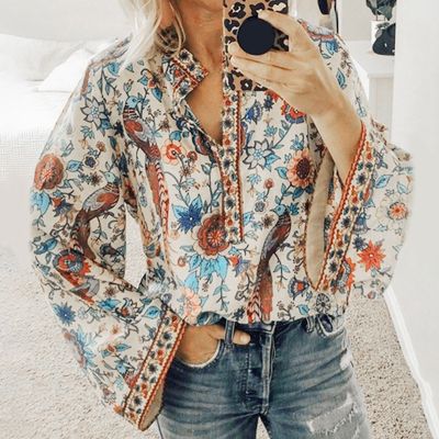 Women Lace-up Print Boho Blouse Vintage Lantern Long Sleeve Blouse Shirt Chic V-Neck Button Blouse Tops