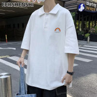 EERSHENSHI เสื้อโปโลแขนสั้นผู้ชาย หลวมเสื้อโปโลคู่เสื้อยืดลำลองสไตล์ญี่ปุ่นที่เรียบง่าย