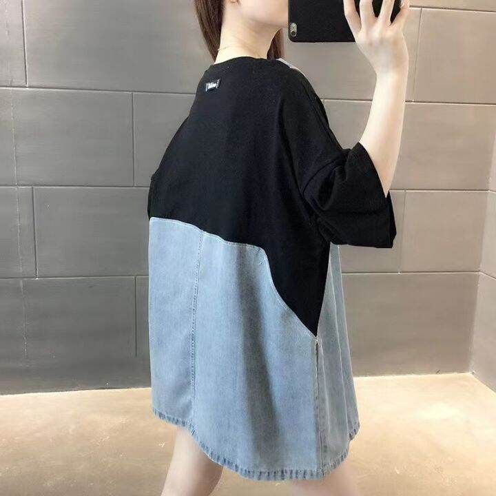 denim-stitching-fake-two-short-sleeved-inst-shirts-womens-casual-summer-new-loose-korean-style-design-sense-top