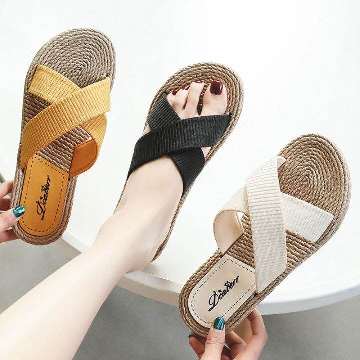 new-2023-imitation-hemp-straw-tourism-on-women-sandals-outside-wearing-a-word-procrastinates-flat-beach-fashion-cross-bring-the-slippers