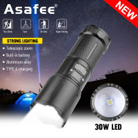 Asafee 1731 30W LED+COB super bright camping flashlight telescopic zoom built-in battery Type-C USB led light  IPX4 waterproof