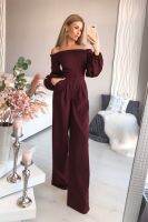 One-Word Collar Slim Jumpsuits เสื้อผ้าผู้หญิง Elegant New Office Lady กางเกงสีทึบแขนยาวชุด Jumpsuits Fashion