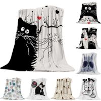 Black White Cat Flannel Blanket for Bed Sofa Portable Soft Fleece Throw Blankets Funny Plush Bedspreads Queen King Twin Size