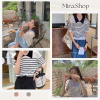 Mira.shop เสื้อแขนสั้นพัฟแขนตุ๊กตาลายทางบางและบาง เสื้อยืด 8807#