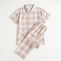 MUJI MUJI MUJI pure cotton short-sleeved pajamas double-layer gauze home clothes mens and womens suits no side seams cotton long sleeping pants