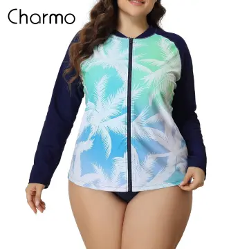 Charmo Women's Zip Front Long Sleeve Rash Guard Top Sun Protection Swim  Shirt 