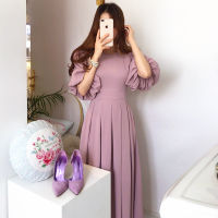 Korean Style Women Ladies Long Sleeve Puff Sleeve Slim Waist Pleated Maxi Long Shirt Dress Ready Stock New