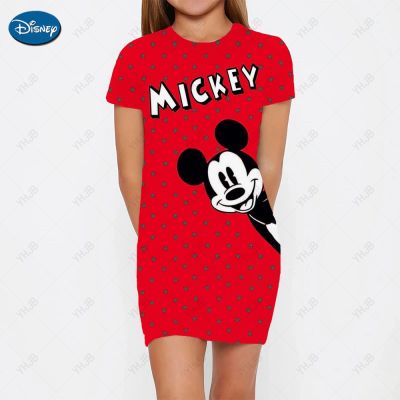 2023 Summer Disney Mickey Mouse Cartoon Summer Round Neck Short Sleeve One Piece Printed Girl Cute A-line Dress