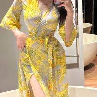 Yellow War Robe Tiktok French 3/4 Sleeve V-neck Elegant Print Dress Feminine Holiday Wrap Hip Wrap