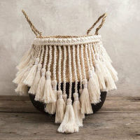 Macrame พู่ตะกร้าหวายแฮนด์เมด Boho ตกแต่งสวนกระถางดอกไม้ห้องทำงานตะกร้าหวายที่เก็บของภายในบ้านซักรีด