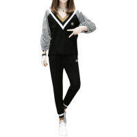 Adidase∮ Large Women S Fashion Stripe V-Neck Sweater Breathable Sports Splicing ชุดสองชิ้น