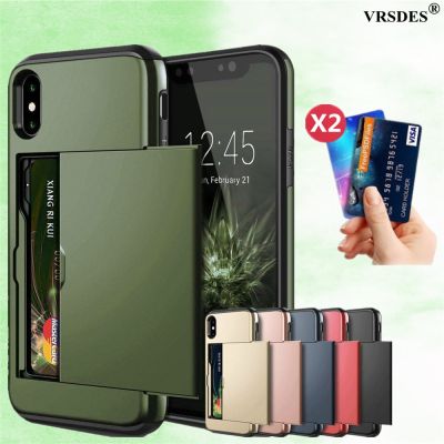 ► Armor Slide Card Case For iPhone 12 Mini 11 12 Pro Max XS Max XR X Card Slot Holder Cover For iPhone 8 7 6S Plus SE 2 2020 5 5S