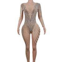 Nude Stretch Party Jumpsuit Rhinestones แฟชั่น Acrobatics เครื่องแต่งกายไข่มุกไนท์คลับ Pole Dance เสื้อผ้า Elastics ผู้หญิง Jumpsuit...