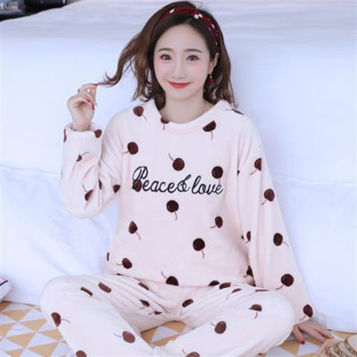 Winter Womens Warm Sleepwear Cartoon Sweet Pajamas Set Soft Flannel Top Pyjamas Long Pant Casual Mom  Homewear Big Size Pjs