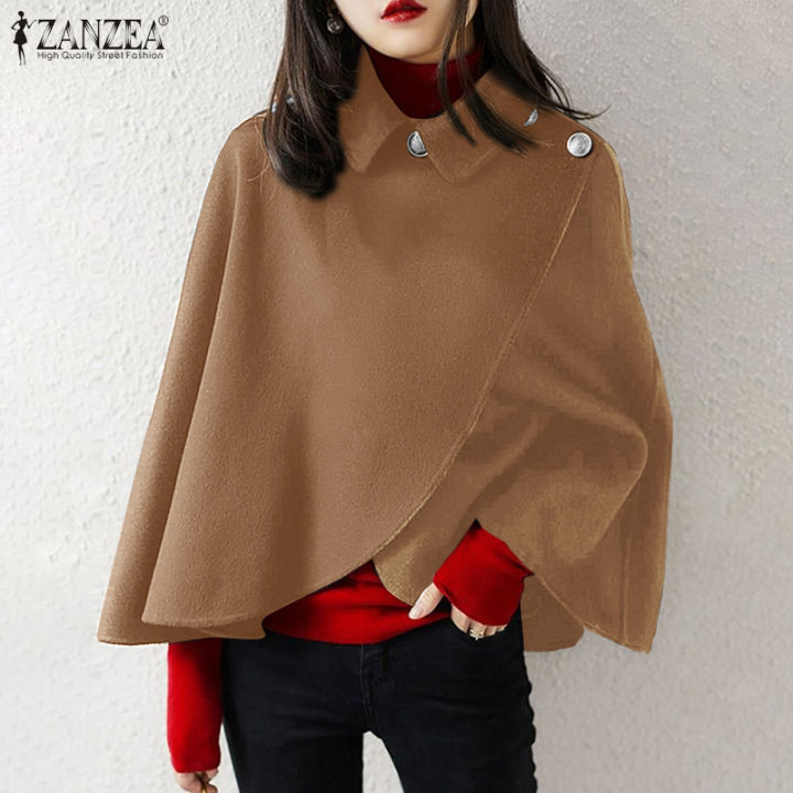 ZANZEA Women Winter Irregular Hem Cape Cloak Retro Buttons Plain