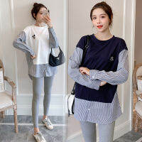 20211895# Spring Casual Patchwork Cotton Maternity Blouse Long Sleeve Loose Shirts Clothes for Pregnant Women Pregnancy Tops