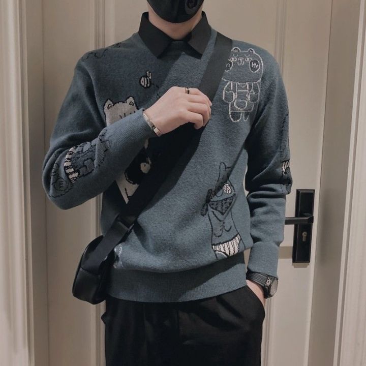 codtheresa-finger-mens-sweater-knitwear-influencer-fake-two-piece-mens-shirt-collar-spring-autumn-style-street-wear-trendy-korean-version-slim