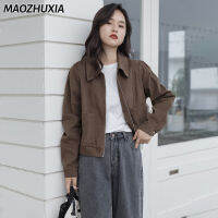 MAOZHUXIA เสื้อแจ็คเก็ตแขนยาวผู้หญิง,เสื้อแจ็คเก็ตใส่ทำงานมีซิปอเนกประสงค์ทรงหลวมย้อนยุคใหม่