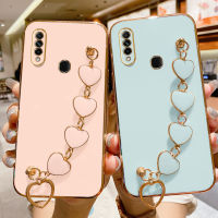 เคส A30 Samsung Galaxy A20s A20พร้อมห่วงโซ่แห่งความรักกรอบสี่เหลี่ยมจัตุรัสเคลือบ6D เคสมือถือแวววาวของเด็กผู้หญิงทำจากซิลิโคนกันกระแทกฝาหลัง Casing Ponsel