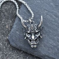 ZZOOI Gothic Long Horn Demon Pendant Necklace Japanese Style Stainless Steel Ghost Mask Men Pendant Chain Fashion Goth Jewelry Gift