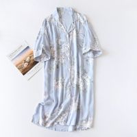 【 WYIN kitchen】 Summer Woman Cotton Nightdress Female Plus Size Shirt Night Dress Home Clothes Cardigan Mid-sleeve Sleepwear Printing