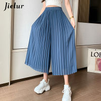 Jielur 2021 Summer Pleated Chiffon Wide-leg Pants Women Casual Black Midi Pant Skirts Female High-waist Straight Womens Pant