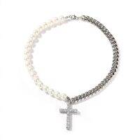 Stainless Steel 8Mm Cuban Chain Pearl Necklace Men Women Jewelry Gifts Bead Chain Bling CZ Zirconia Cross Necklace