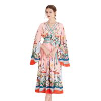 Women New Dress Real Shot  Flower Print  Maxi Dress Long Sleeve A- Line DRESS