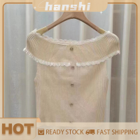 hanshi [2023 new HOT FASHION] lazlook เสื้อยืดถักแขนสั้นเปิดไหล่แบบเกาหลีฤดูร้อนเสื้อครอปแต่งกระดุมงานปะติดลูกไม้