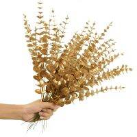 10pcs Artificial Golden Eucalyptus Flower Branch Stem Simulation Plastic Fake Plant Leaves Home Wedding Flower Arrangement Decor Artificial Flowers  P