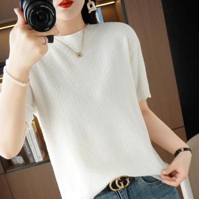 New Round Neck Knitted Short-Sleeved Womens Summer Thin Half-Sleeved T-Shirt Loose Slimming Top 2023