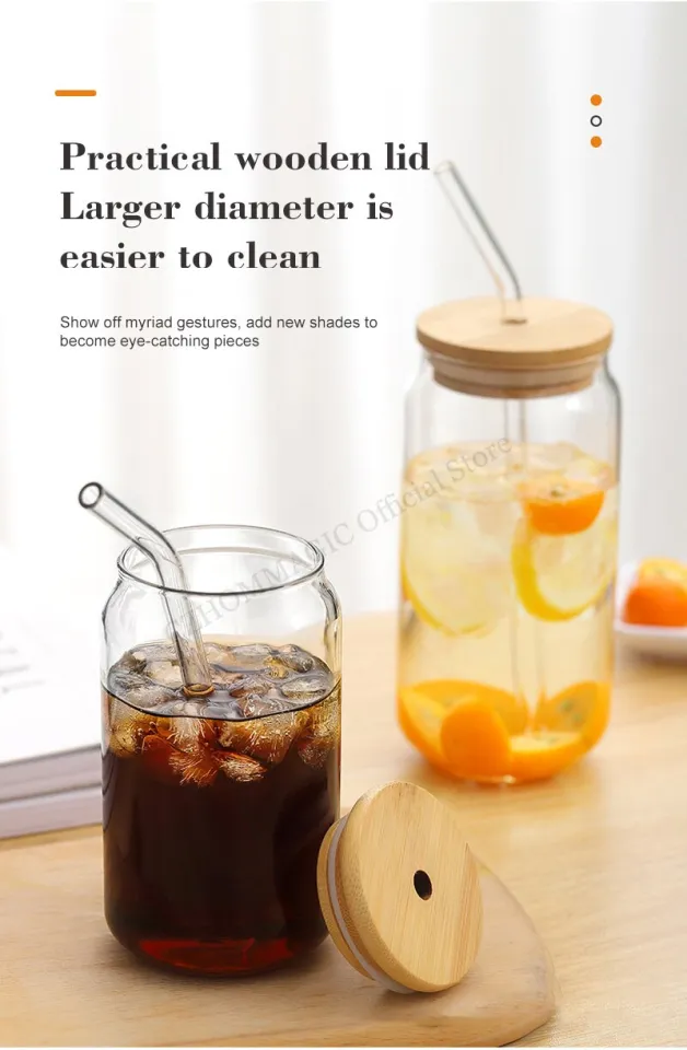 550ml Glass Cup With Bamboo Lids and Straw Transparent Bubble Tea