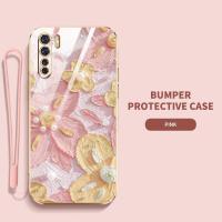 เคสโทรศัพท์ OPPO Reno 3 Pro Reno3 Pro 4G 5G A91 F15ดอกไม้สไตล์ภาพวาดสีน้ำมันแบนเปลือกเคสนิ่มเคลือบอิเล็คโทรเพลทสายคล้องส่ง